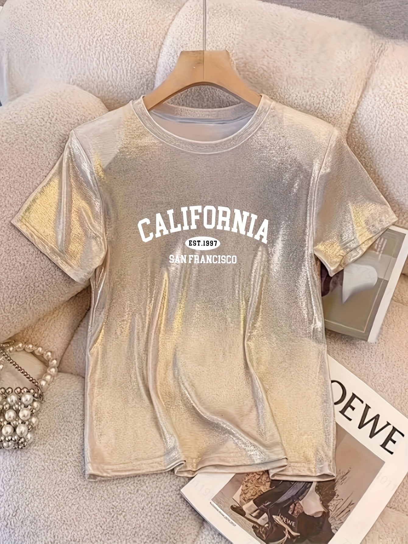 Women'S Sparkle California Graphic Tee - Casual Crew Neck, Stretchy Polyester Knit, 95% Polyester 5% Elastane, 160g/m², All Seasons, Machine Washable - Regular Fit Princess T-Shirt