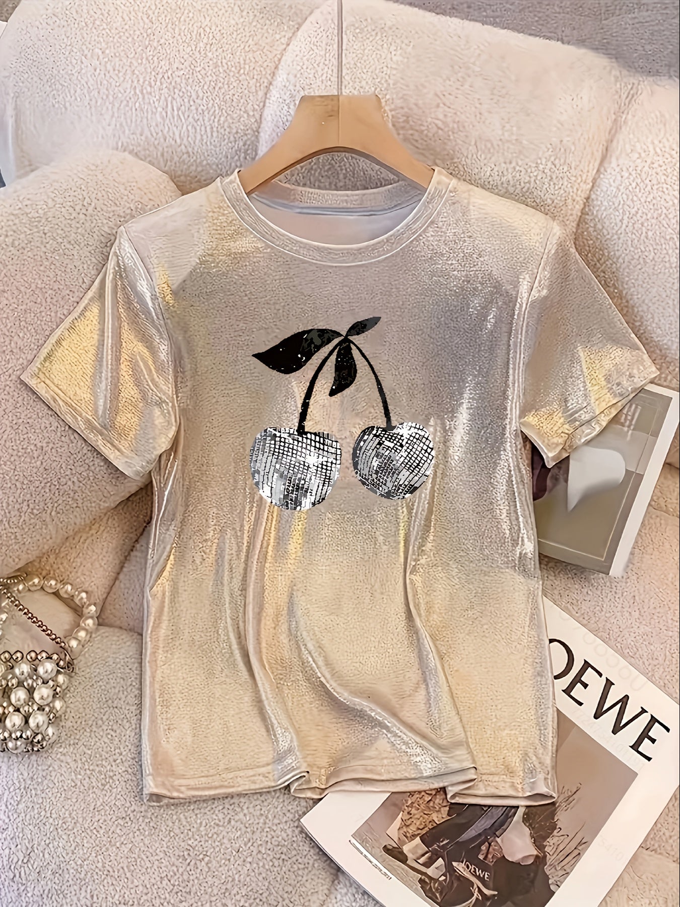 Women's Sparkling Champagne Cherry Graphic T-Shirt - Casual Round Neck, Stretchy Polyester Blend, Metallic Sheen with Black Cherry Design, Perfect for Parties & Casual Attire