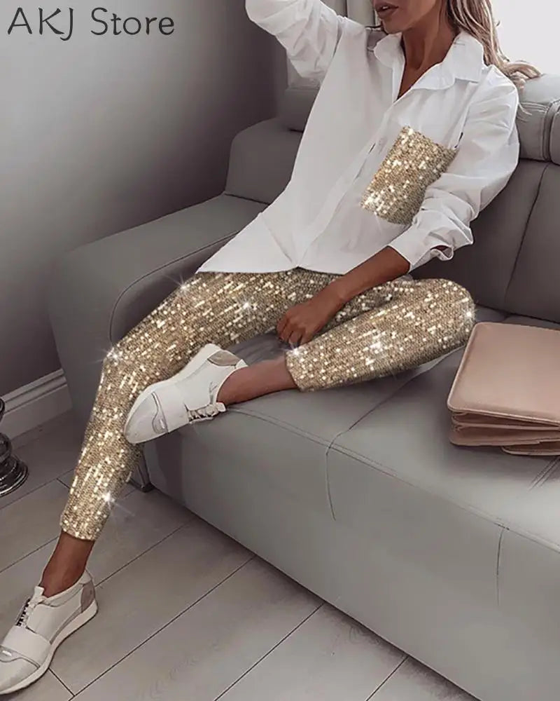 Women Sequin Long Sleeve Shirt & Glitter Shiny Pant Sets