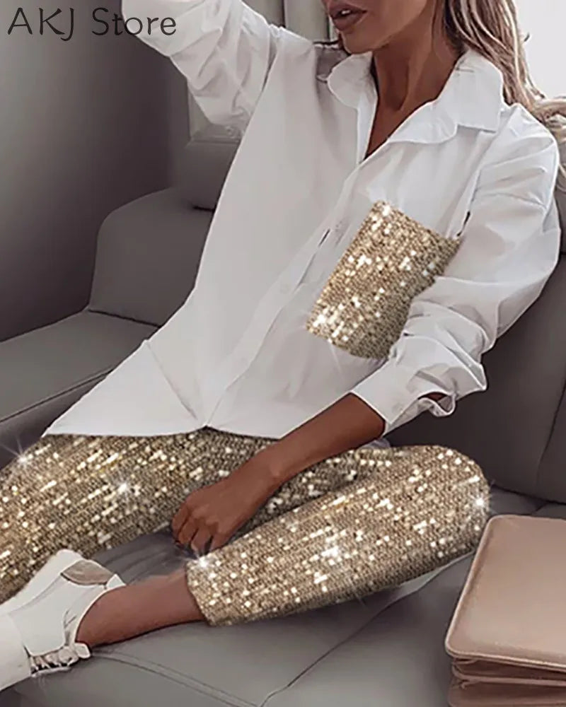 Women Sequin Long Sleeve Shirt & Glitter Shiny Pant Sets