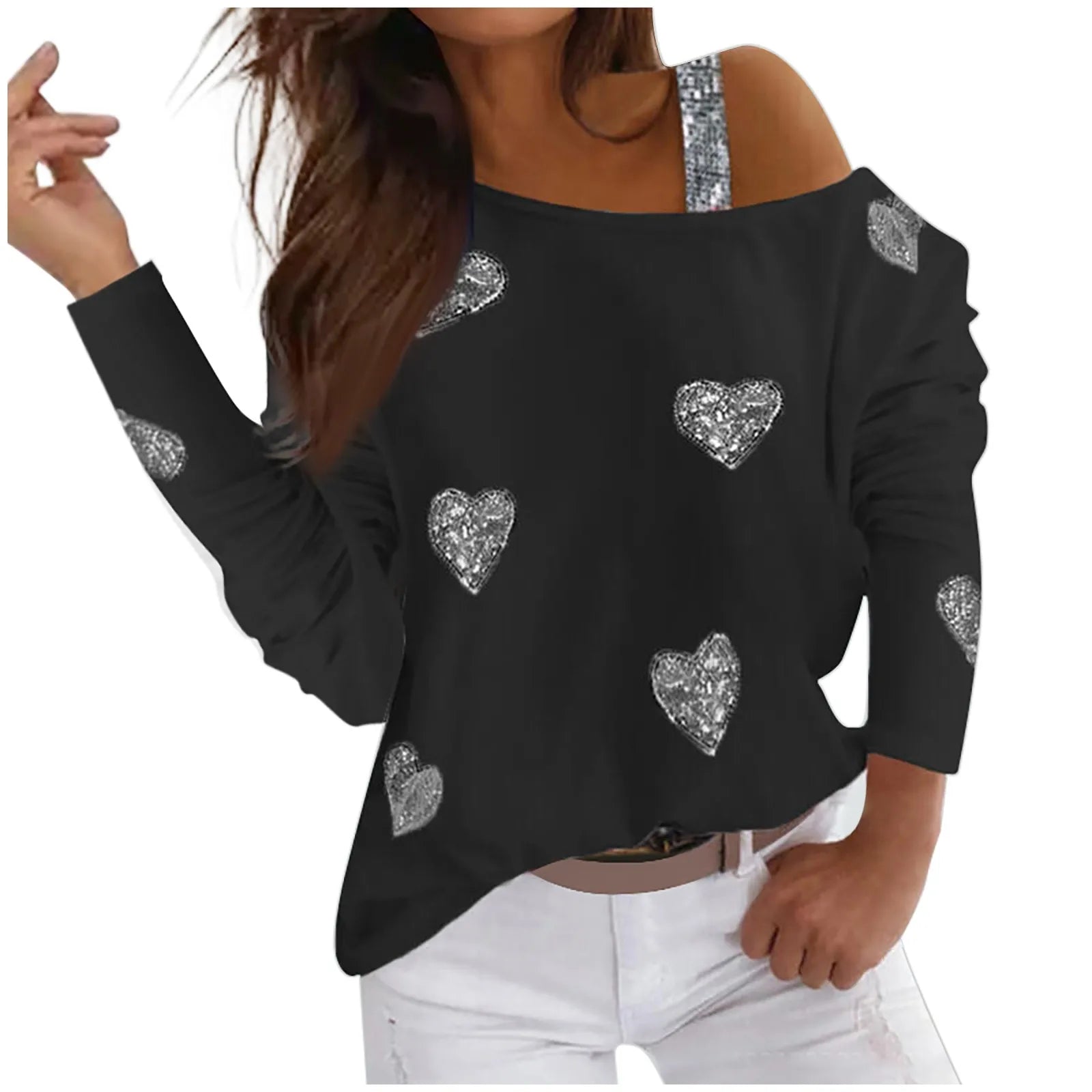 Fashion Heart Print T Shirt Women Spring Long Sleeves Skew Collar Off Shoulder Tops Tee Shirt Elegant Lady Diamond Pullover Tops