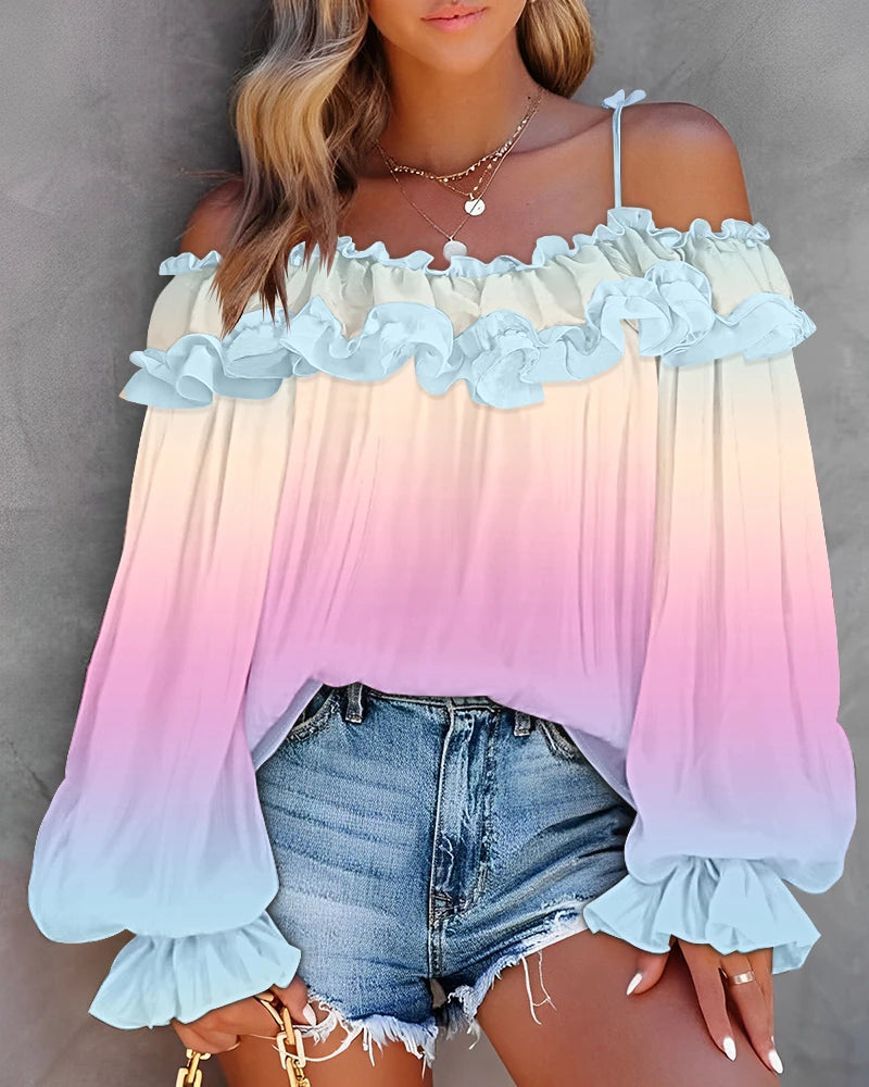 Women Blouse Ombre Cold Shoulder Ruffle Hem Lantern Sleeve Top