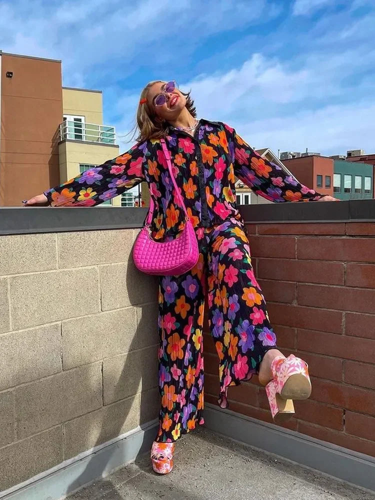 Todelte sett Dame Vår Høst Print Button Down Langermede Skjorter + Lange bukser med brede ben Kvinnelige Y2K Uformelle løse buksesett