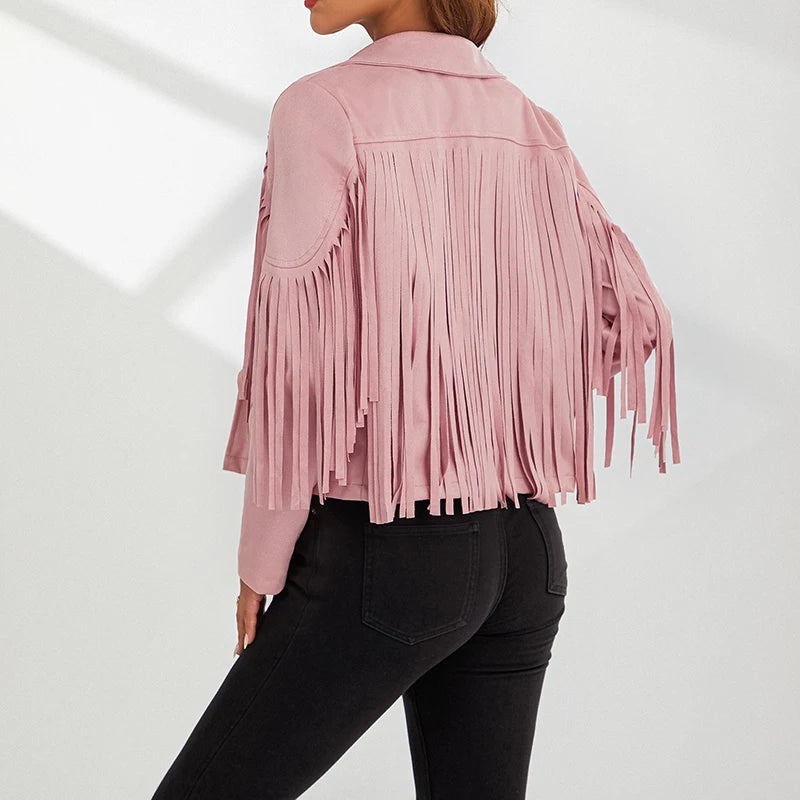Women Spring Autumn Slim Long Sleeve Open Front Coat Solid Color Collared Jacket with Tassels Black/ Coffee/ Pink