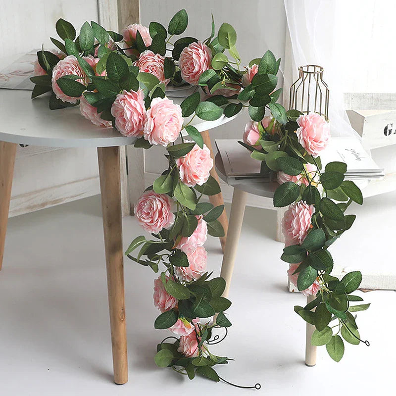Rosa Silke Peon Kunstig Store Blomster Vinranker Bryllupsfest Vegghengende Eføy Rotting Hjemmehagedekorasjon Garland Grønne planter