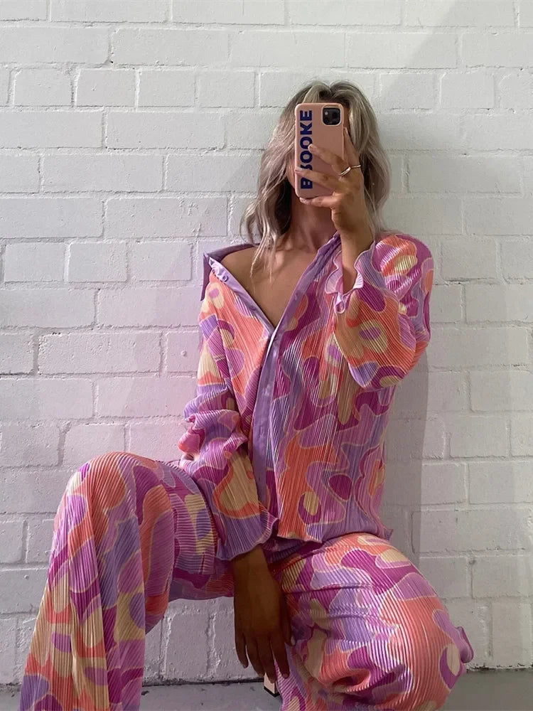 Todelte sett Dame Vår Høst Print Button Down Langermede Skjorter + Lange bukser med brede ben Kvinnelige Y2K Uformelle løse buksesett