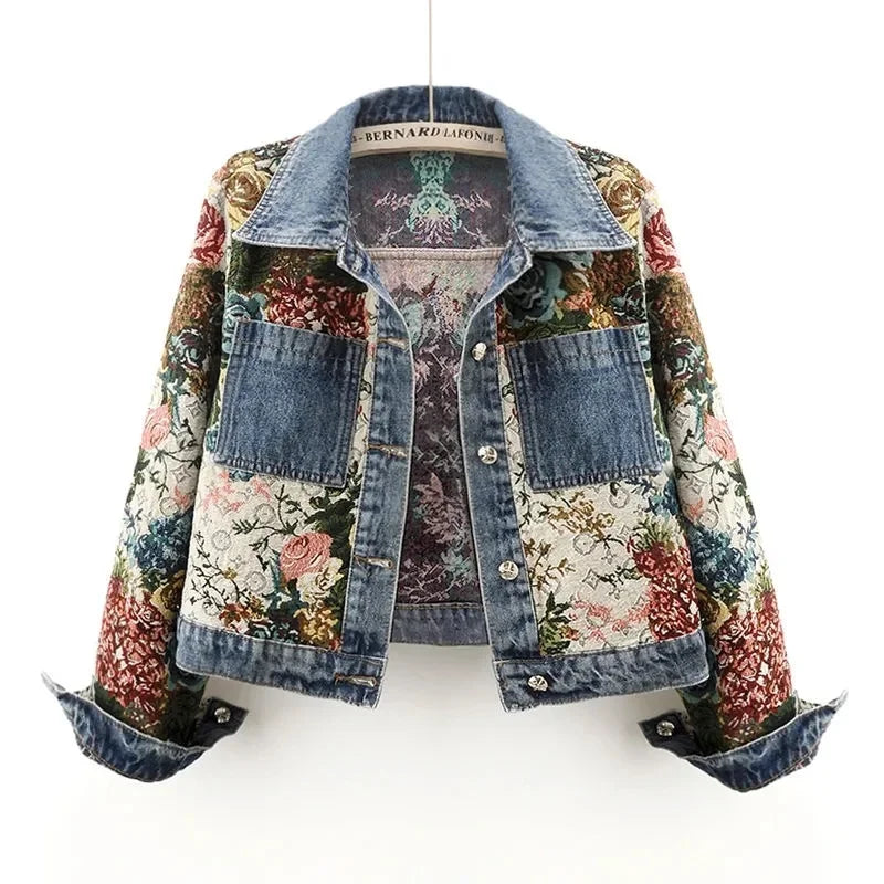 Women's Cowboy Coat 2025 Spring Summer Lapel Collar Versatile Ladies Denim Jacket Fashion Printing Splicing Lady Outerwear