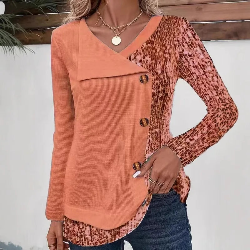 T shirt Women long sleeve thread pit strip printed V-neck button top t-shirt women tshirt ZC373