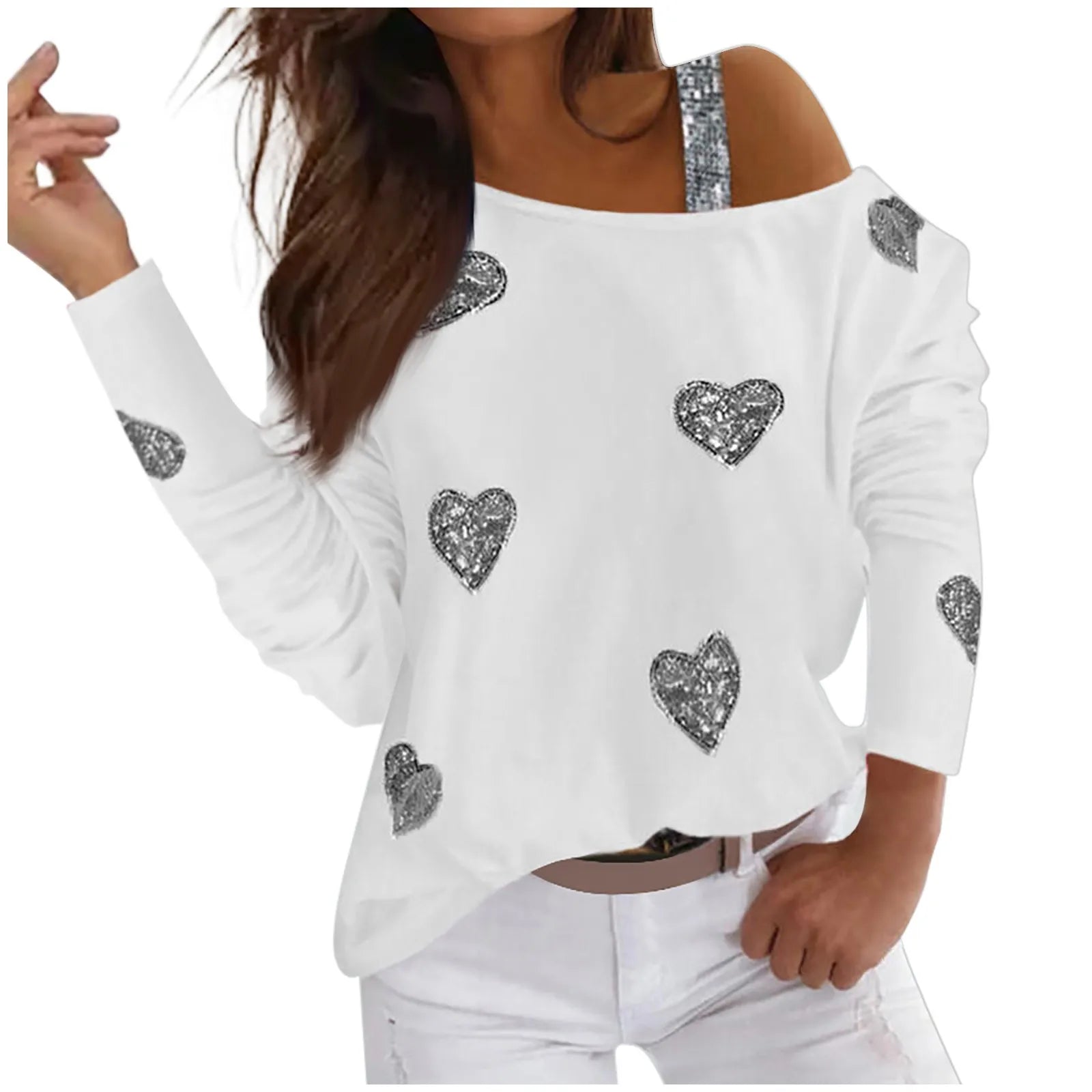 Fashion Heart Print T Shirt Women Spring Long Sleeves Skew Collar Off Shoulder Tops Tee Shirt Elegant Lady Diamond Pullover Tops