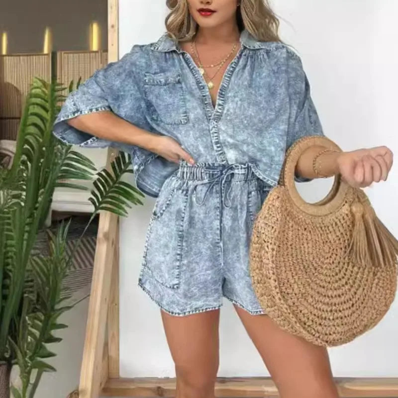 Women Vintage Denim Blue Shorts Suit New Fashion Summer New Simple Fashion Pocket String Casual Loose Tops 2 Piece Set Female