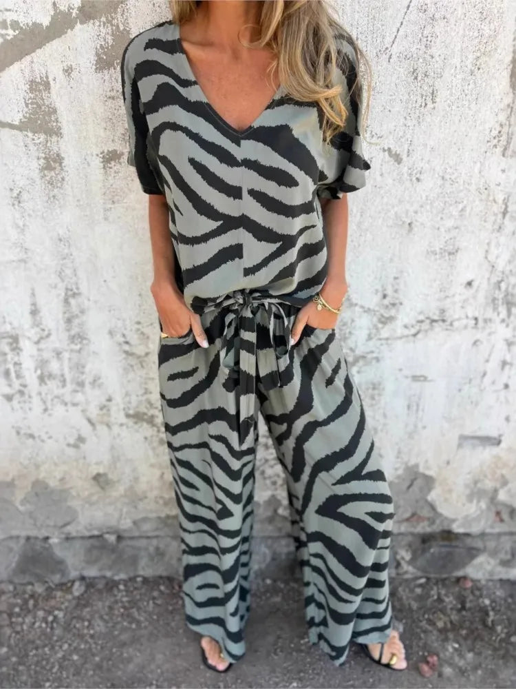Women's Fashion Zebra Print V-Neck Lace-up Tops Wide-Leg Pants Suits Summer Versatile Printed Casual Loose Women's Two-piece Set