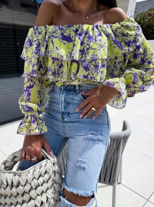 Women's Elegant Blouses One Line Neck Off The Shoulder Printed Shirt Long Sleeved Top
