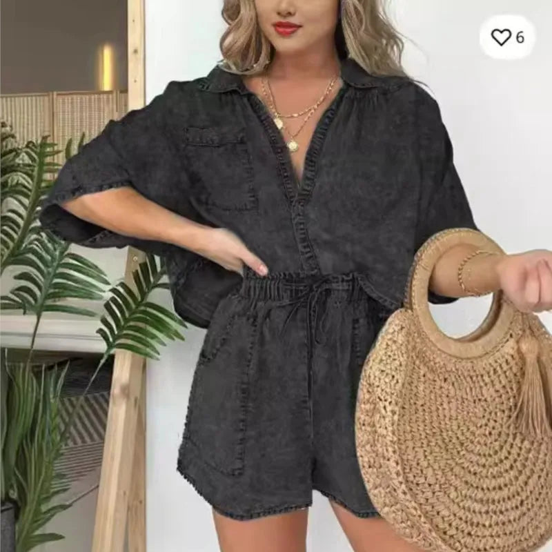 Women Vintage Denim Blue Shorts Suit New Fashion Summer New Simple Fashion Pocket String Casual Loose Tops 2 Piece Set Female