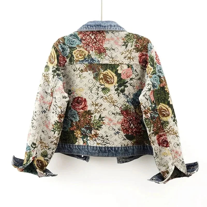 Women's Cowboy Coat 2025 Spring Summer Lapel Collar Versatile Ladies Denim Jacket Fashion Printing Splicing Lady Outerwear