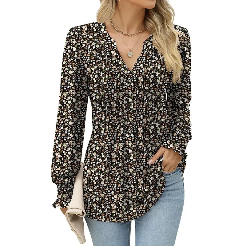 Women's V-Neck Slim Fit T-Shirt New Style Printing Cross Border Trade Autumn Long Sleeve Smooths Your Silhouette Fashionable Clo