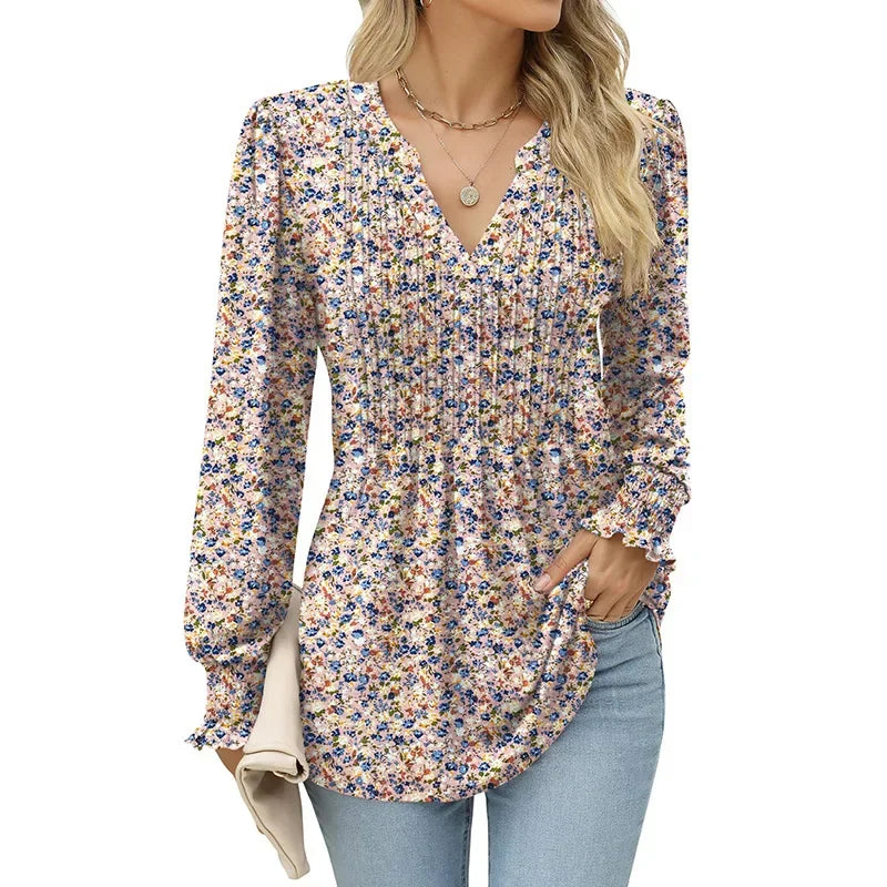 Women's V-Neck Slim Fit T-Shirt New Style Printing Cross Border Trade Autumn Long Sleeve Smooths Your Silhouette Fashionable Clo