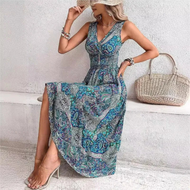 Women New Summer Print Boho Dress Sleeveless Maxi Fashion Elastic Waist Bohemian Elegant Tank Long Dresses For Women Robe Femme