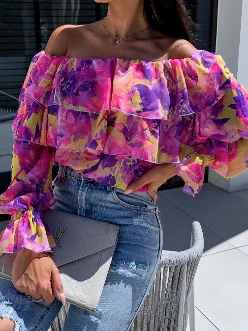Women's Elegant Blouses One Line Neck Off The Shoulder Printed Shirt Long Sleeved Top