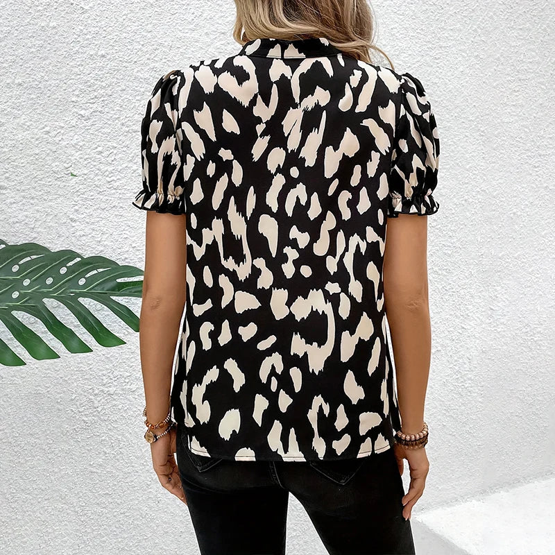 Women's V-neck Leopard Print Summer Top Lace sleeves Chiffon Hawaiian Commuter breathable women's shirt Stylish and elegant new