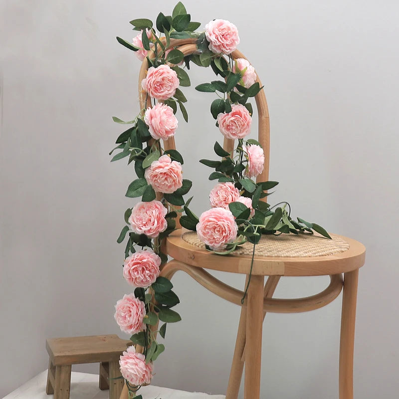 Rosa Silke Peon Kunstig Store Blomster Vinranker Bryllupsfest Vegghengende Eføy Rotting Hjemmehagedekorasjon Garland Grønne planter