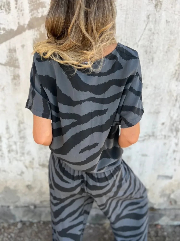 Women's Fashion Zebra Print V-Neck Lace-up Tops Wide-Leg Pants Suits Summer Versatile Printed Casual Loose Women's Two-piece Set
