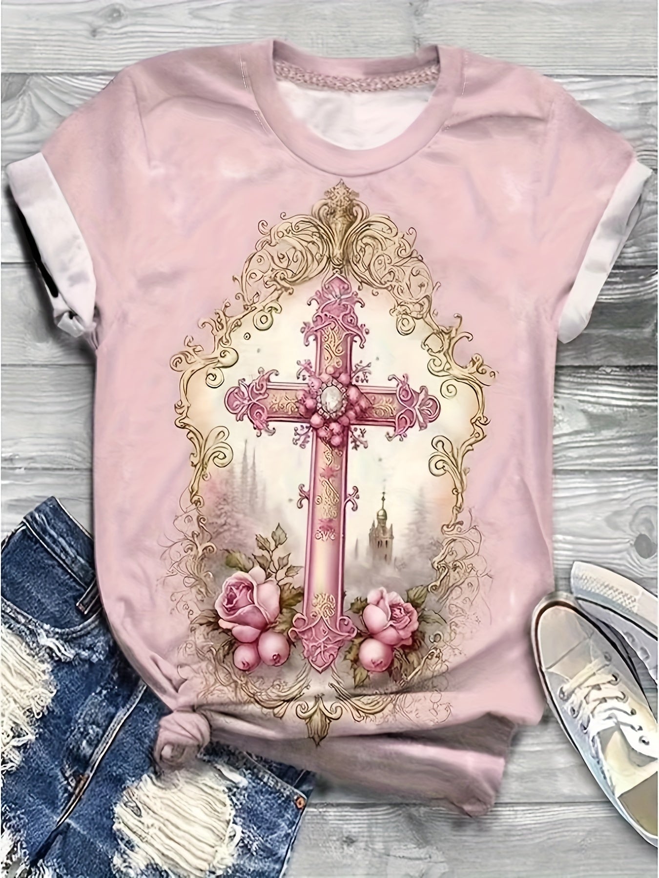 Stylish Pink Floral Cross Print Women's T-Shirt - Casual Crew Neck, Short Sleeve, Polyester & Spandex Blend, Machine Washable, Ladies T Shirts