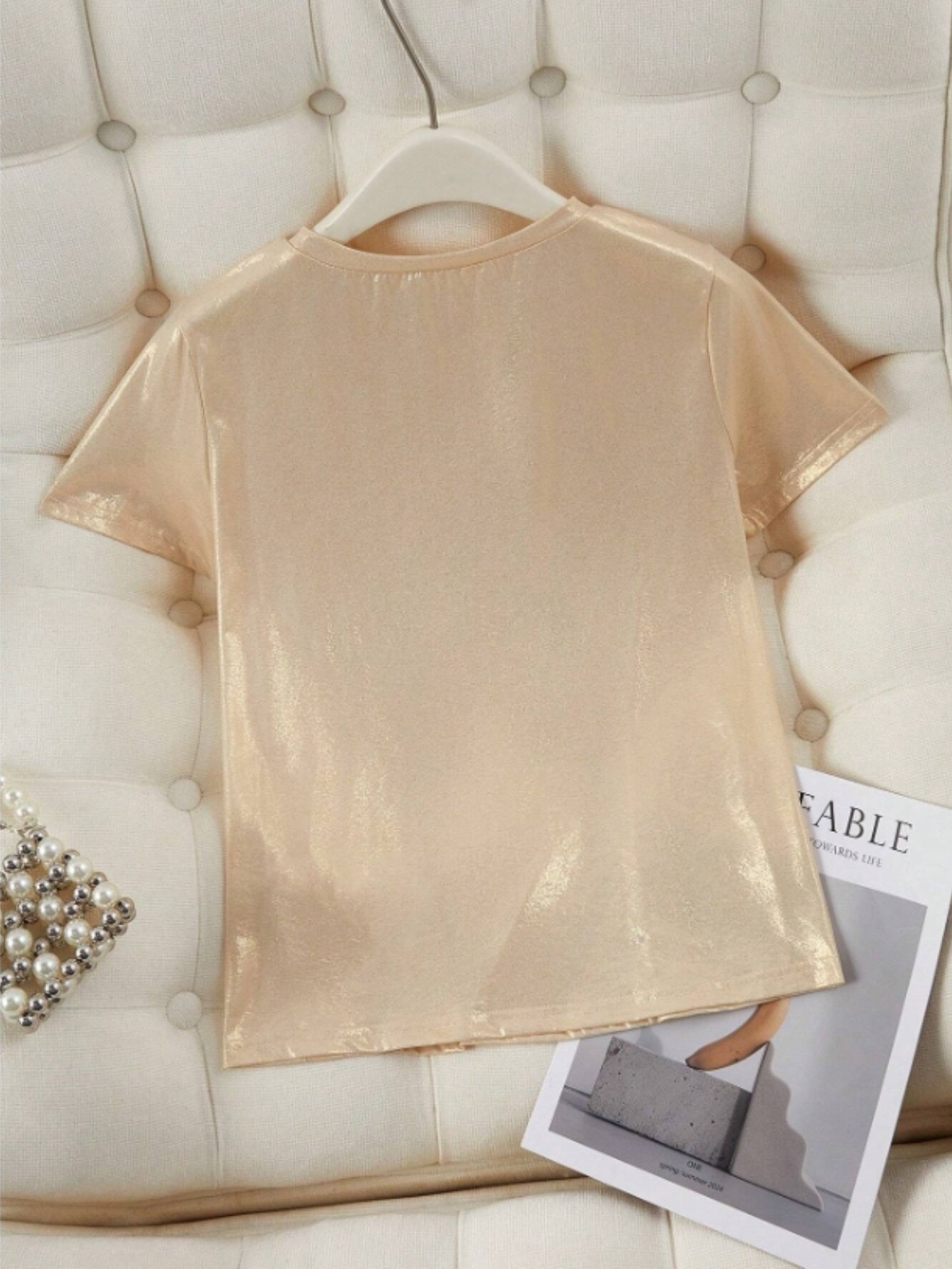 French Fashion Elegant Mermaid Wedding Season Round Neck Glitter Letter WIFEY Printed Short Sleeve T-Shirt