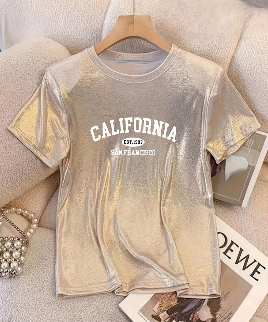 Women'S Sparkle California Graphic Tee - Casual Crew Neck, Stretchy Polyester Knit, 95% Polyester 5% Elastane, 160g/m², All Seasons, Machine Washable - Regular Fit Princess T-Shirt