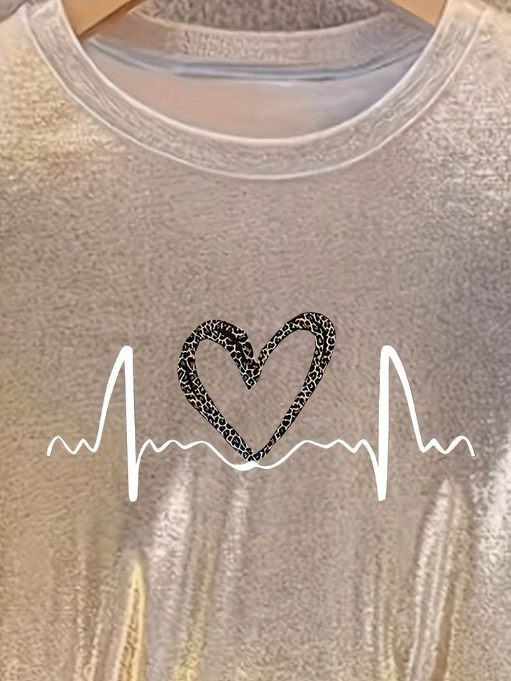 Women's Champagne Leopard Heart Graphic Tee - Casual Round Neck, Sparkle Princess T-Shirt, Machine Washable - Perfect for Spring/Summer/Fall - MHMote