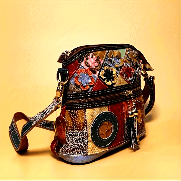 Utsøkt vintage crossbody-veske i skinn - Tidløst slangeskinnstrykk med livlige fargeblokker - Bohemsk stil for kvinner - Romslig veske og skulderveske