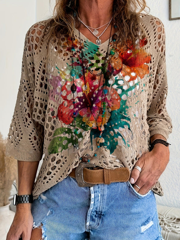 Vår- og sommerkolleksjon, elegant for pendling, bohemsk stil for strandferier, V-hals, diamantformet flaggermuserme, hule fargeblokkmønstrede blomsterprintede damestrikketopp, overdel.