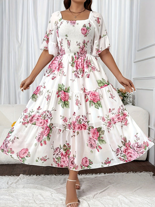 Plus Size Blomster Haven Maxikjole - Tøft trykk, myk rynket overdel, flagrende sommerfuglermer, firkantet hals - En bohemsk romanse for kurvede kvinner