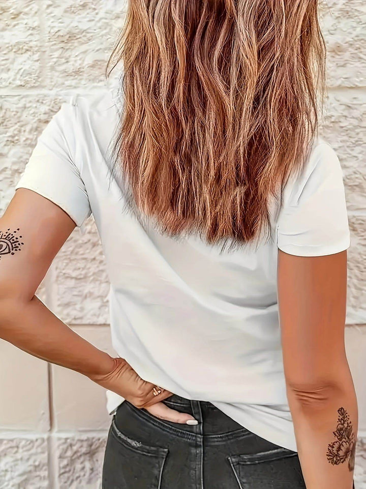 1pc Women'S Casual Cotton Blend T-Shirt with Angel Wings and Letter Print, Round Neck, Short Sleeve, Regular Fit, Summer Knit Top - MHMote