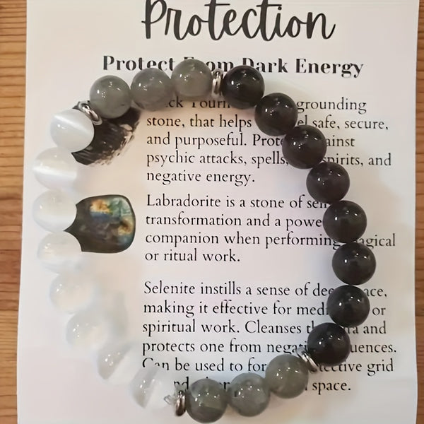 1pc Black Tourmaline & Labradorite Crystal Bracelet, Healing Energy Protection Jewelry, Adjustable Size, Anxiety & Negative Energy Shield