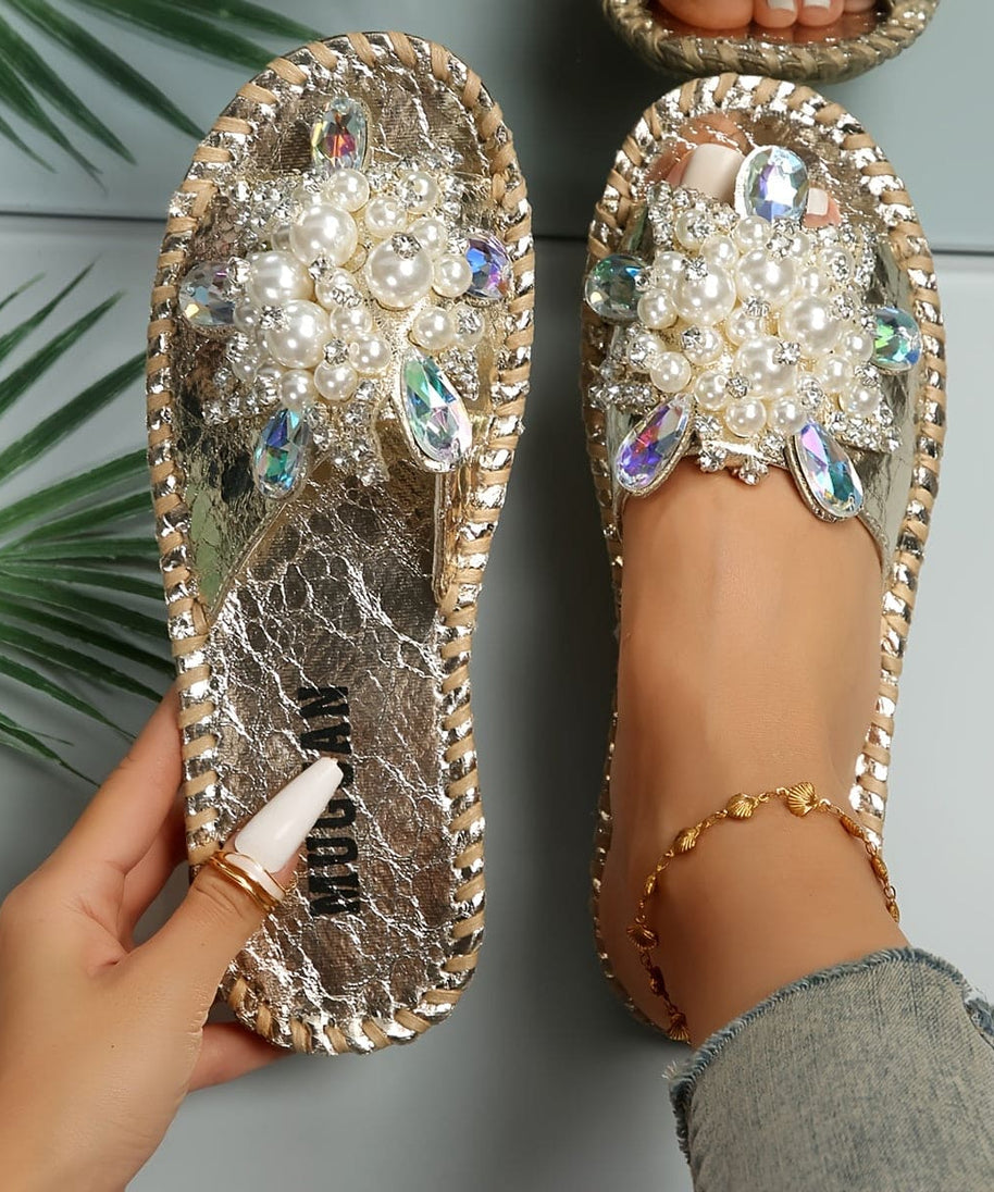 [Durable Build] Elegant Women's Open-Toe Slide Sandals with Handcrafted Floral Rhinestone & Pearl Accents - Fashionable Beige Slip-On Flats, Perfect for All Seasons