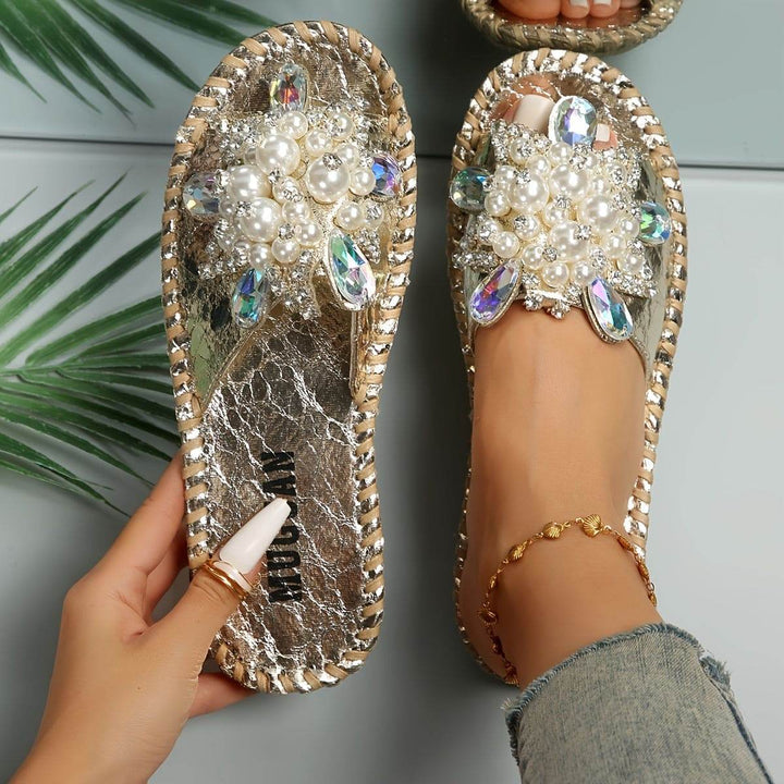 [Durable Build] Elegant Women's Open-Toe Slide Sandals with Handcrafted Floral Rhinestone & Pearl Accents - Fashionable Beige Slip-On Flats, Perfect for All Seasons - MHMote