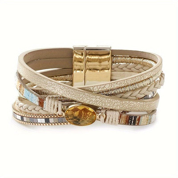 1pc Bohemian Big Crystal Beaded Bracelet, Vintage Braided Stripes Leather Wrap Bracelet, Magnetic Clasp Jewelry