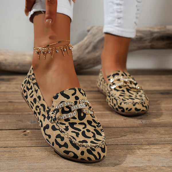 Damesko med rhinstensdekor, flate sko med leopardtrykk, lette og komfortable sko