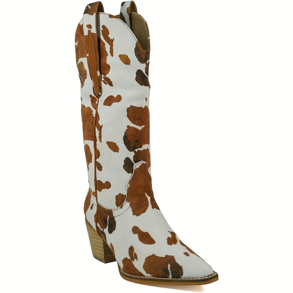 [Mid Calf Cow Print Western Boots] ARiderGirl Hanan Women Fashion Western Cowboy Boots Cow Print Stacked Faux Leather Heel And Stitched Faux Leather Welt Mid Calf Boots