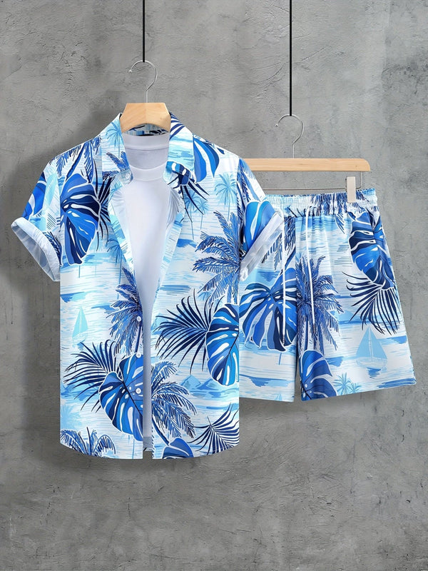 2-delt sett med herreskjorte med strandtrykk, korte ermer og grafisk mønster, og snøringshorts - Joggedresser med knappedesign og komfortabel fritidsbruk