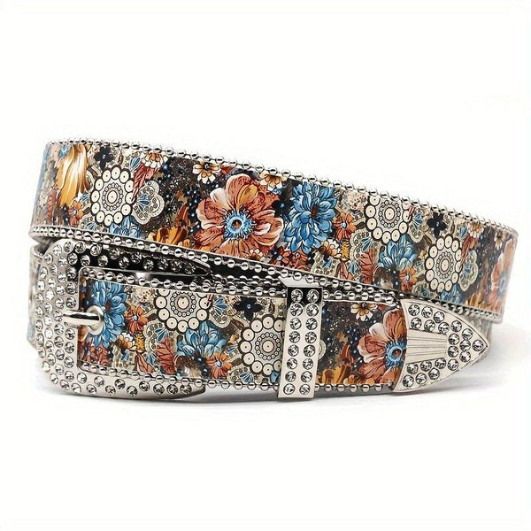 Vintage Boho Floral Skull Belt with Rhinestone Accents, Waistband for Women, Versatile Accessory for Dresses, Jeans, Pants, Ideal for Daily Wear, Weddings, Festivals, and Night Outs - MHMote