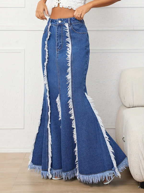 [Elegant havfrueskjørt] Denimskjørt med høy midje og havfruehale - Elegant langt, flagrende blått jeanslignende maxiskjørt for kvinner, frynsedetaljer, duskkant, maskinvaskbar, polyesterblanding, perfekt for vår/sommer/høst