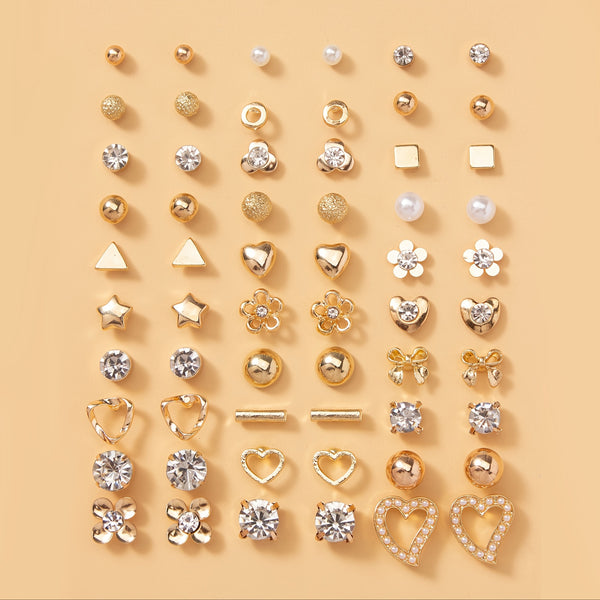 Set Of 30 Pairs Of Love Heart Imitation Pearl Butterfly Design Ladies Gift Simple Exquisite Stud Earrings Set Rhinestone Inlaid