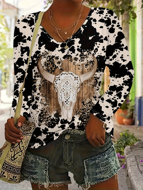 Western Charm Cow Skull V-hals topp - Avslappet langermet, polyester, maskinvaskbar, damemote i svart og hvitt med trestrukturdetaljer