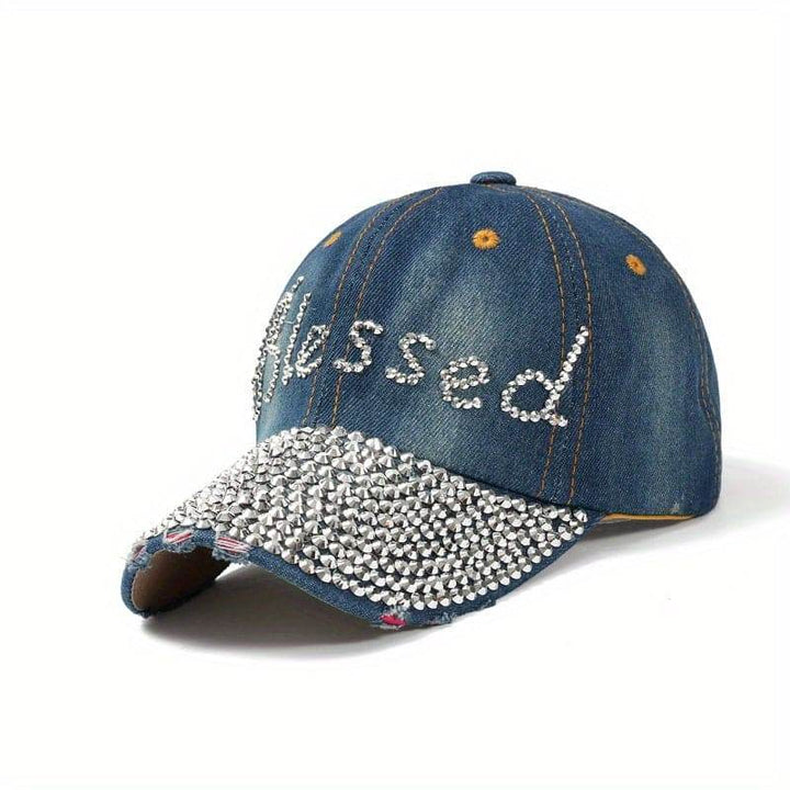 Stylish denim baseball cap with Blessed letter and diamond embellishment - MHMote