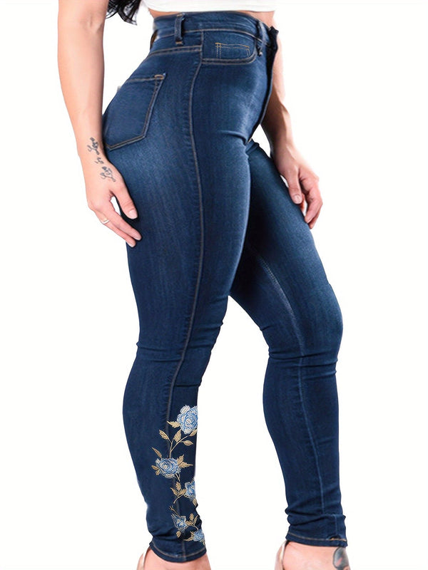 Pluss størrelse casual jeans, dame pluss vasket blomsterbrodert knappgylf skinny jeans