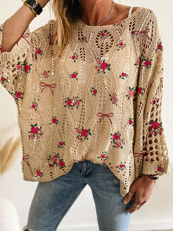Dametopp med skulderløs blomsterprint - Langermet, Løs passform, Beige med rosa og hvitt blomstertrykk, Hul ut-design, Perfekt for vår-/sommerferie, Avslappet eleganse, Bikinioverdel, Avslappet elegansetopp | Topp med blomstertrykk | Hol