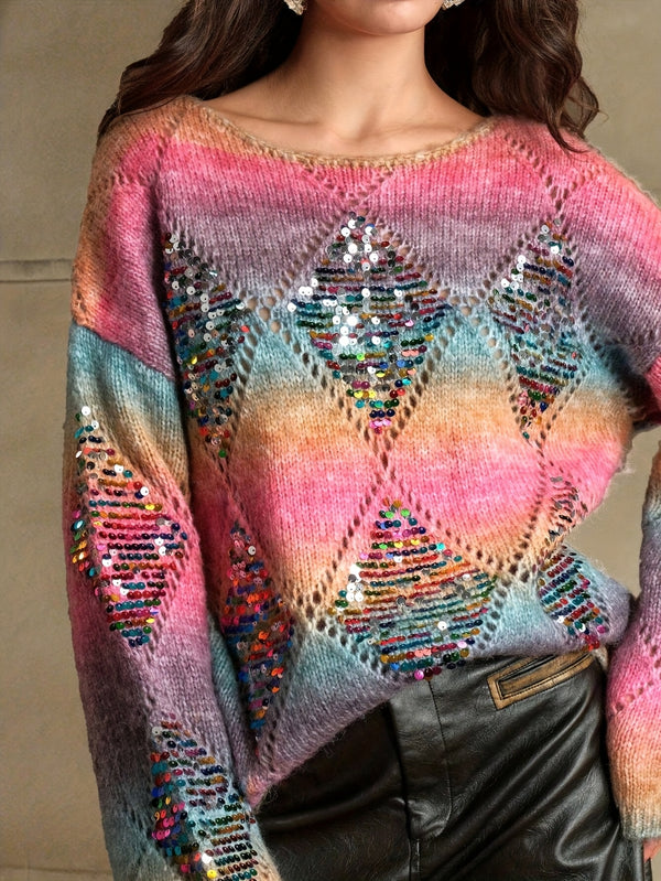Dametopp med regnbue- og paljetter og romber - Avslappet langermet genser med fargerike perler og paljetter, skulderløs design for vår og høst, fritidsklær | Fargerik broderi | Konstruksjon, Damegensere