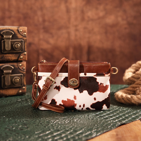 Retro Cow Print Crossbody Bag, Western Aztec Clutch Bag, Ethnic Style Wrist Wallet Coin Purse For Women