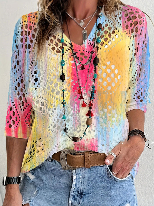 Vår-sommer V-hals rombeformet regnbuetrykk hul flaggermuserme stretchy gjennomsiktig cardigan, bohemsk feriestil avslappet elegant yttertøy